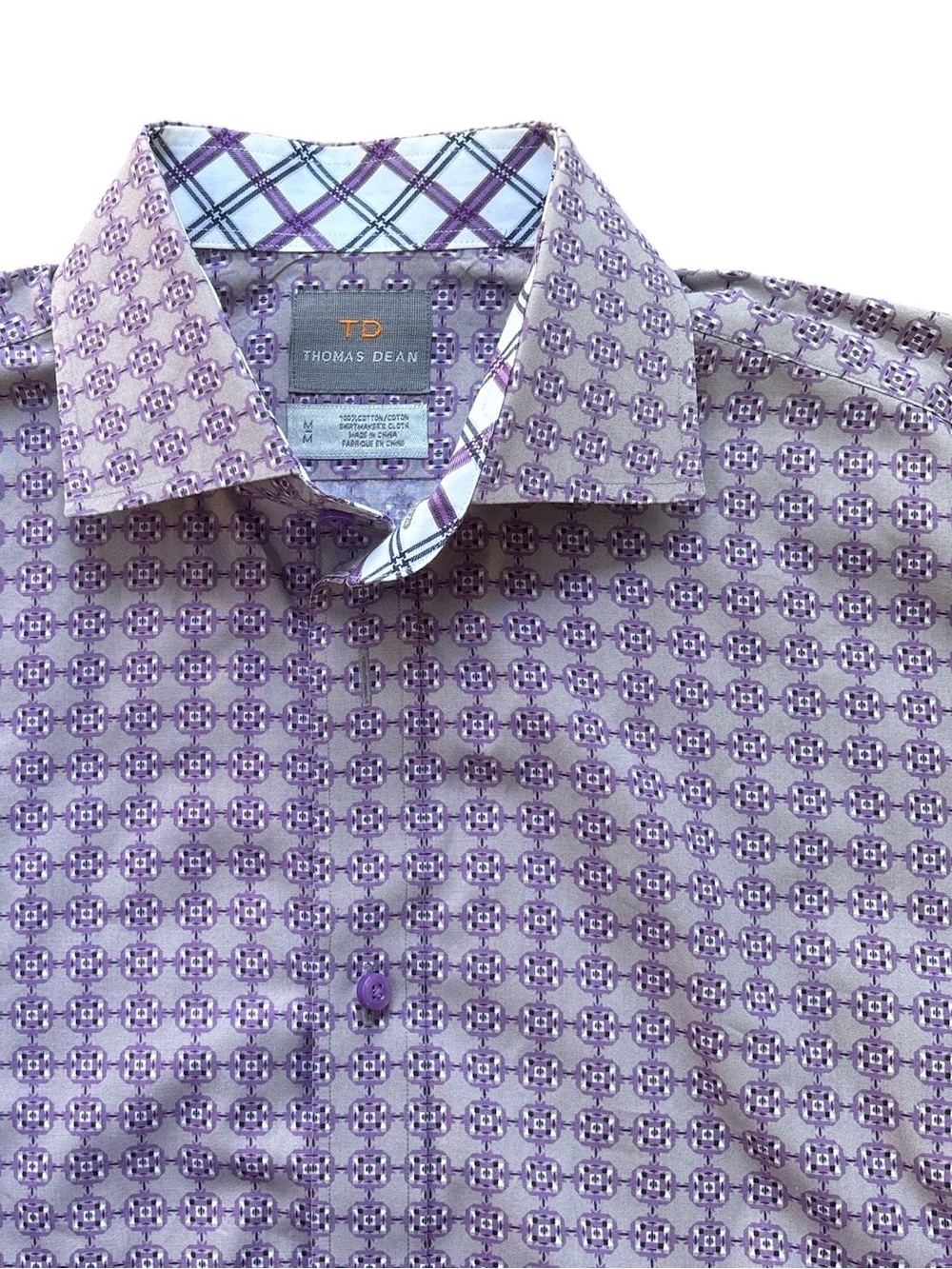 Thomas Dean Purple Patterned Men’s Dress Shirt M AOP Contrast Trim